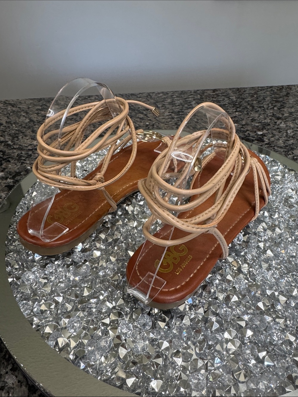GBG Los Angeles Beige Lace-Up ankle strap Sandals with Gold G Emblem - Picture 3 of 10